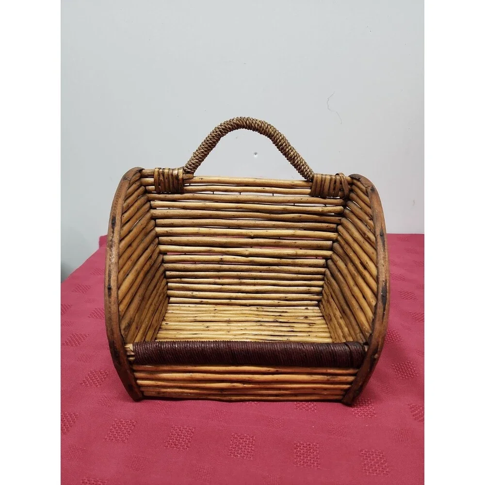 Mid-Century Rustic Twig/Rattan Basket Handmade Farmhouse Cottagecore